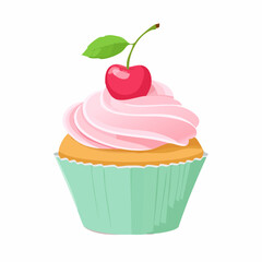 Cartoon cupcake with swirled pink frosting bright red cherry and green leaf.