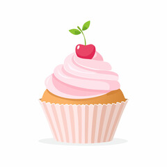 Cartoon Cupcake with Pink Frosting and Cherry Topping Illustration.