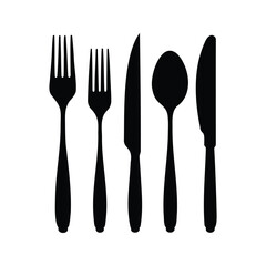 Simple black and white vector illustration of five pieces of cutlery, cutlery set silhouette vector illustration