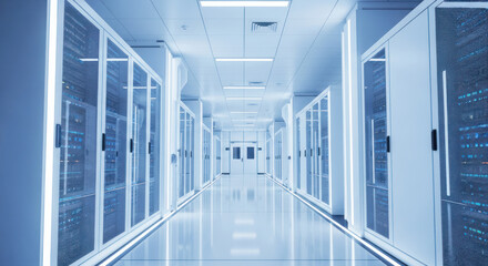 A long, narrow hallway with glass doors on both sides, leading to a server room with rows of servers.