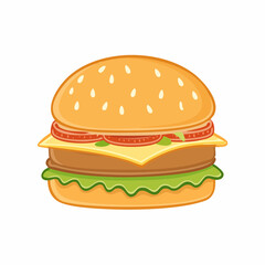 Delicious Cartoon Hamburger with Sesame Seeds Cheese and Vegetables.
