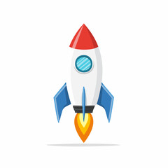 Cartoon Rocket Ship in Flight Red and White Body Blue Fins Orange Flame.