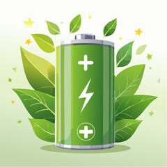 EcoFriendly Battery with Surrounding Greenery Illustration.