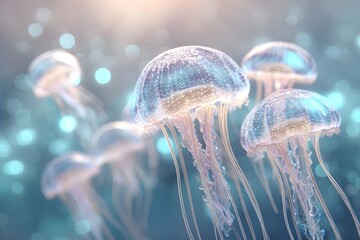 Translucent jellyfish floating in a blue, glowing underwater.