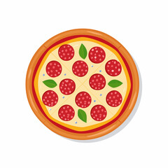 Delicious round pepperoni pizza with fresh basil leaves a vibrant flat vector illustration.