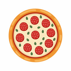 Cartoon Style Pepperoni Pizza with Basil Leaves and Golden Crust.
