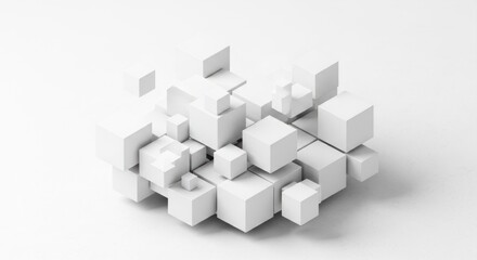 Abstract white cubes floating and disintegrating, symbolizing complexity and innovation isolated on white background
