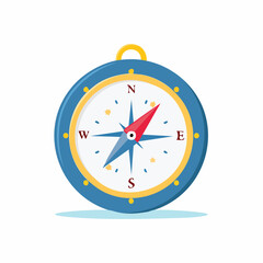 Vibrant blue and yellow compass with a red and blue needle cardinal directions and decorative stars in a flat vector style.
