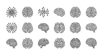 Detailed stylized brain icons representing intelligence and neural networks in a grid layout vector