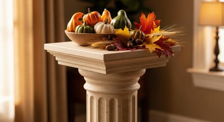 Autumnal display of gourds and leaves on a pedestal, creating a warm and inviting seasonal atmosphere