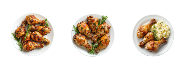 Three plates of roasted chicken legs garnished with rosemary and served with mashed potatoes on a white plate.