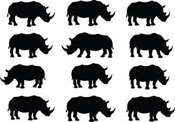 Rhino animal silhouettes, black rhinoceros wildlife icons, strong safari vector illustrations for zoo, nature, Africa, conservation, and design projects