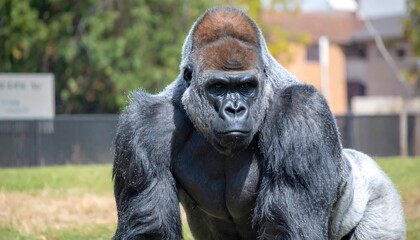 Obraz premium Majestic gorilla in a grassy enclosure