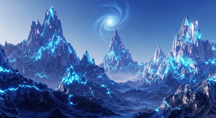 Fantasy Mountain Peaks with Glowing Blue Details and Distant Galaxy