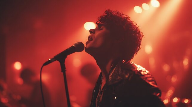 Emotional male vocalist singing into a microphone at a live music concert