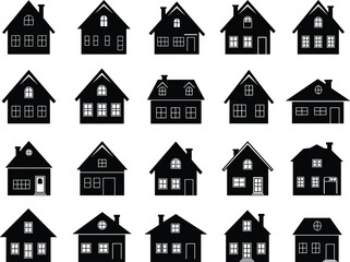 House building silhouettes, black home architecture icons, residential real estate vector illustrations for construction, property, design, urban planning, and graphic projects