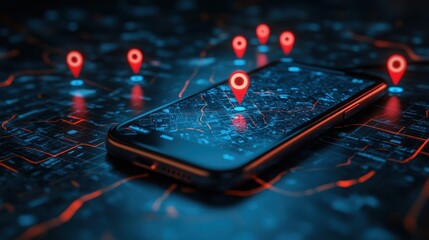 Glowing Red Location Markers on Smartphone Digital Map