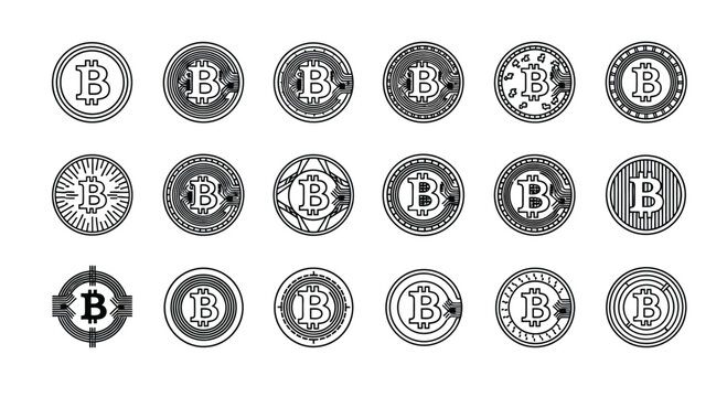 Collection of unique vintage bitcoin cryptocurrency emblem designs and icons symbolizing digital currency vector