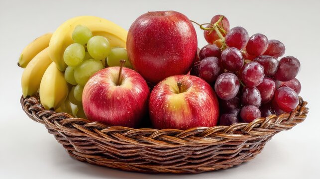 A vibrant assortment of fresh fruits including apples, bananas, green grapes, and purple grapes in a woven basket. - Powered by Adobe