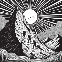 Graphic illustration of climbing a mountain summit