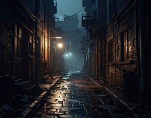 Fototapeta premium Quiet Night in a Dimly Lit Urban Alley with Shadows and Fog