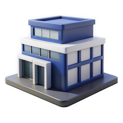 3d modern office building with blue accents isolated on transparent background