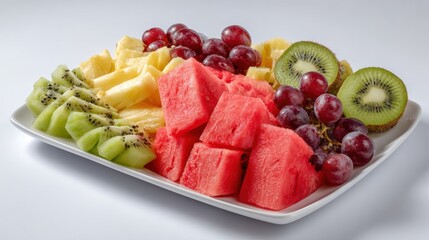 A vibrant platter of assorted fresh fruits including watermelon, pineapple, grapes, kiwi, and honeydew.