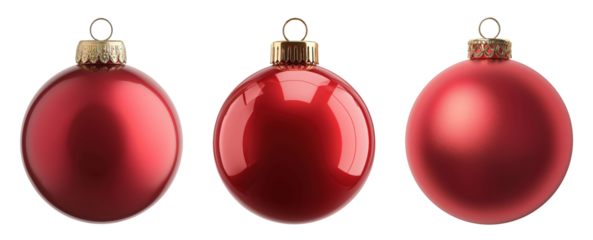 Three classic red Christmas ball ornaments isolated on transparent background