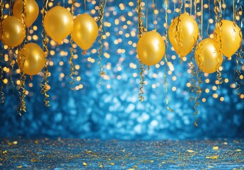 Golden Balloons and Confetti on Blue Shimmering Background