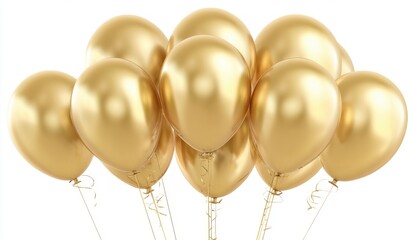 Golden Balloons Cluster with Confetti on White Background