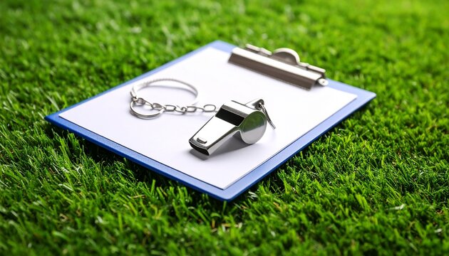 Coach whistle and clipboard on a green grass sports field.