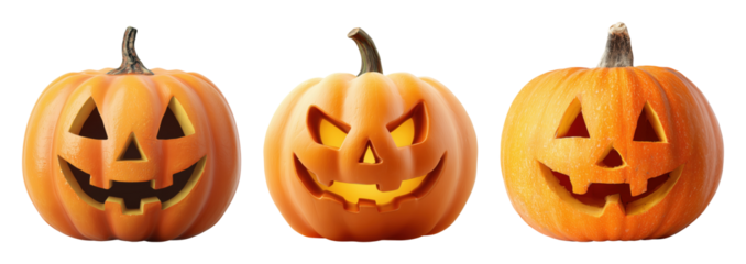Set of three carved Halloween pumpkins isolated on transparent background