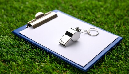 Silver whistle and blue clipboard on a green grass field.