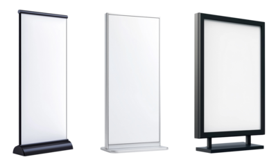 Set of three blank display stands isolated on transparent background