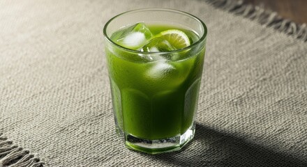 Refreshing green juice with ice and lemon in a glass on a linen tablecloth, healthy and natural drink