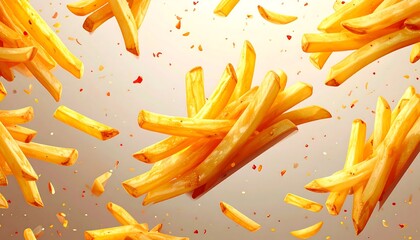 Crispy French fries in mid-air, scattered with seasonings