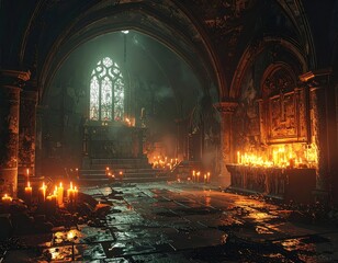 Obraz premium Dimly Lit Gothic Church Interior with Candles and Mysterious Atmosphere
