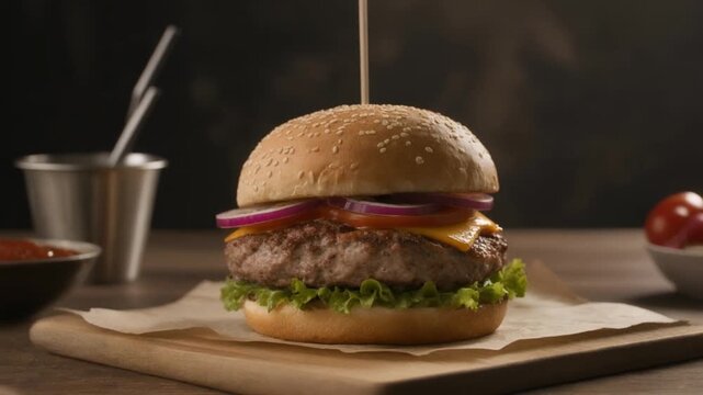 Frischer Burger mit K&auml;se und Zwiebeln im Werbestil