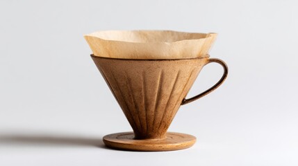 Artistic ceramic coffee dripper with paper filter on a clean background, perfect for brewing flavorful coffee.