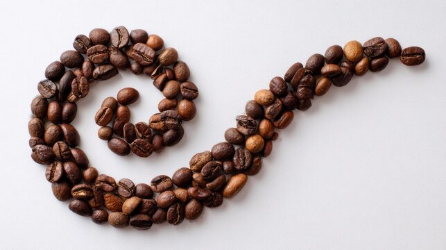 Artistic arrangement of coffee beans in a spiral shape, highlighting the rich textures and colors of the beans.
