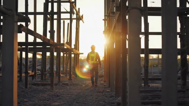 Bauarbeiter l&auml;uft &uuml;ber Baustelle bei Sonnenuntergang