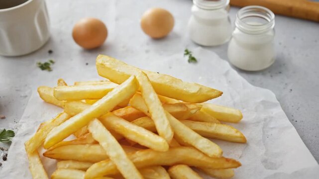 Knusprige Pommes Frites auf Papier serviert