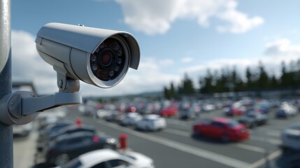 Close-up of a security camera monitoring a busy parking lot, highlighting safety and surveillance technology.