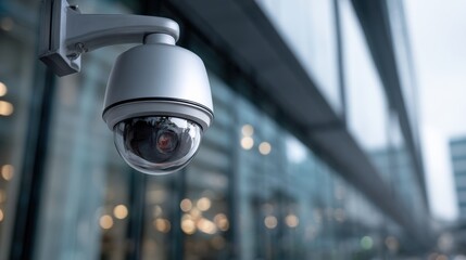 Close-up of a security camera mounted on a modern building, capturing surveillance in contemporary architecture.