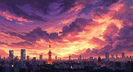 Obraz premium Anime Cityscape at Sunset: Vibrant Sky and Urban Silhouette