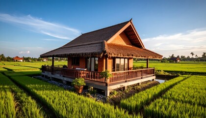 Obraz premium Tropical cottage in rice paddy landscape