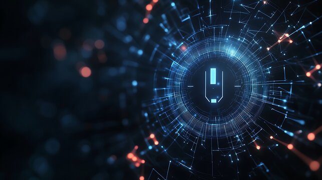 Glowing blue digital circuit board with power button symbol in center