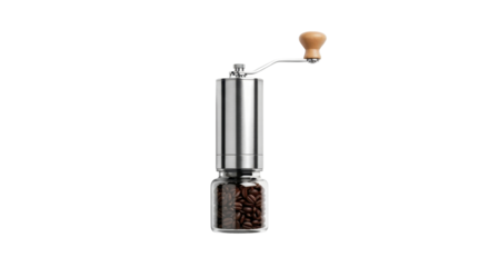 Manual coffee grinder filled with coffee beans isolated PNG with Transparent Background
