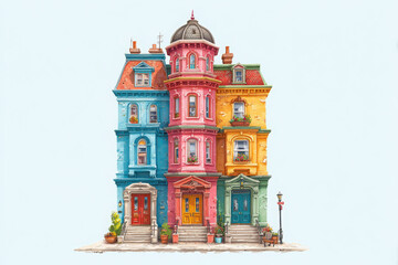 Obraz premium Colorful Victorian style townhouse with vibrant cheerful facade