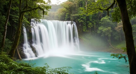 Stunning waterfall flowing into a clear pool amidst vibrant green jungle.